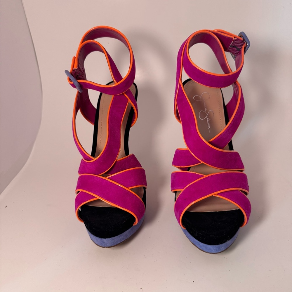 Vibrant Women's Suede Heels with Pink and Orange Accents